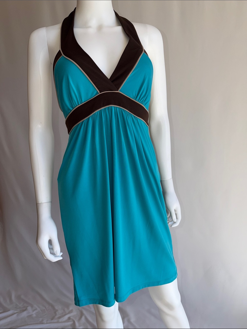Max & Cleo Teal Halter Dress with Brown Trim